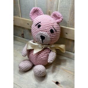 𝅺15” Handmade knitted cuddle bear toy pink with scarf